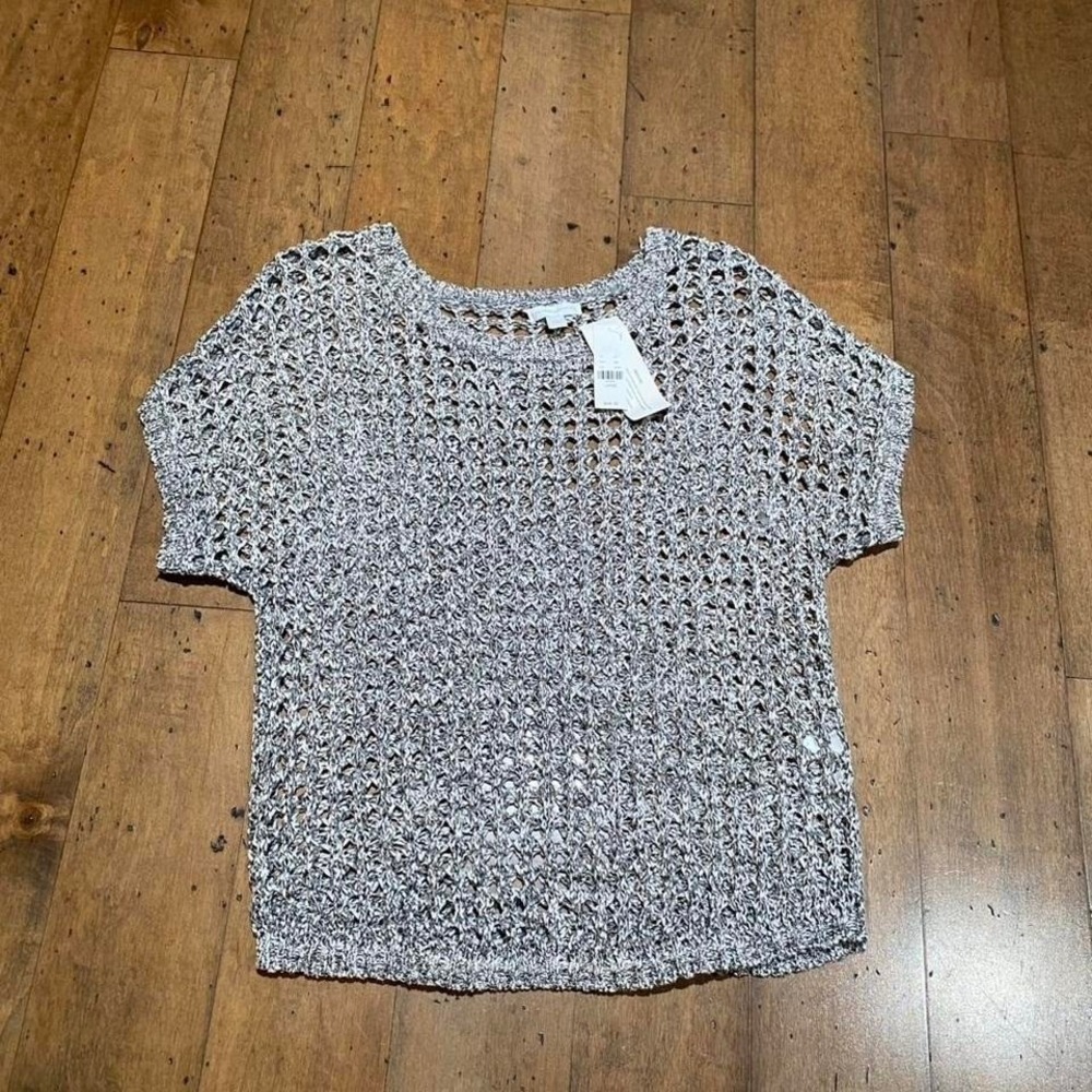 New York & Company Open Knit Short‎ Sleeve Sweater Top Grey White Size L